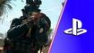 Screenshot of Call of Duty player aiming down sights of a gun and the PlayStation logo on a blue and purple background