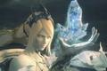 Image from Final Fantasy XVI of a blonde female wearing a blakc crown with a blue crystal hovering above her hand.