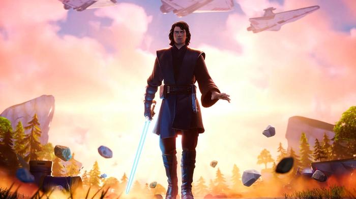 Anakin Skywalker holding a lightsaber in Fortnite.