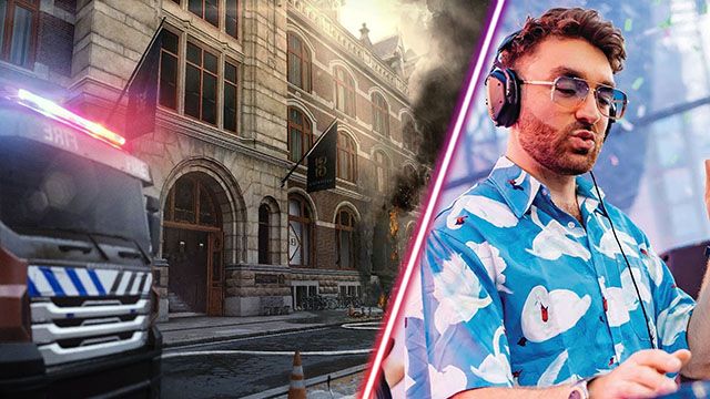 Screenshot of Call of Duty building smoking and Oliver Heldens wearing glasses and headphones